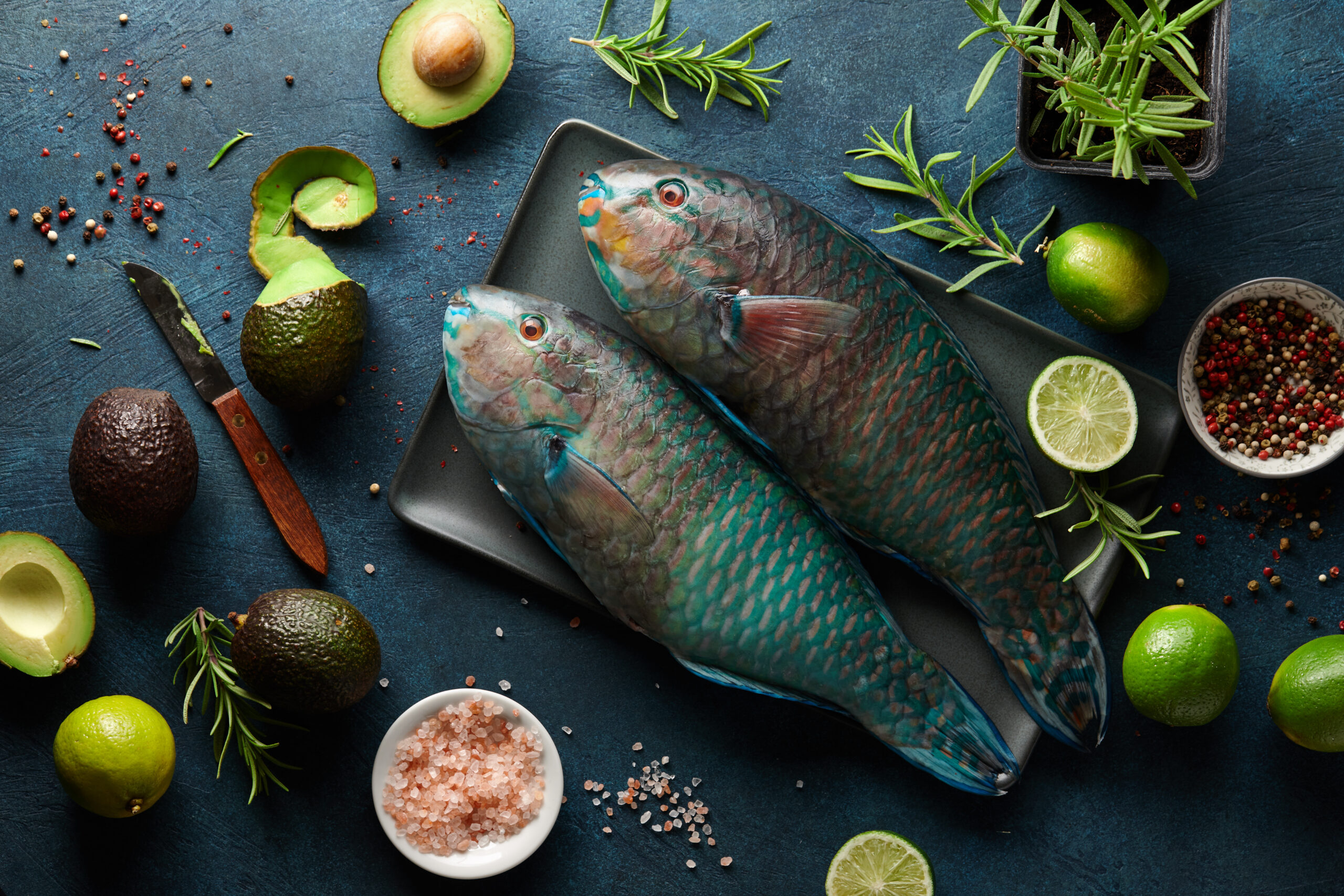 Fresh raw parrot fish cooking on blue stone background
